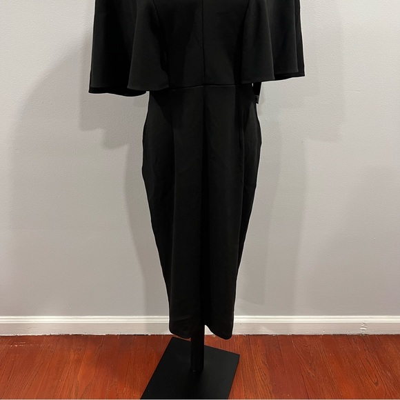 BETSY & ADAM Black Flutter V Neck Knee Length Party Sheath Dress - Reemoly - Picture 8 of 15